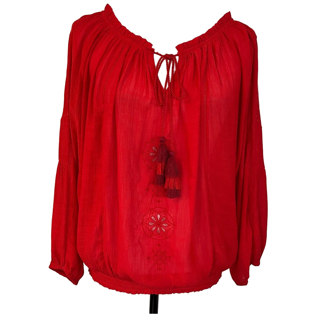 Desigual Red Embroidered Peasant Blouse Small Off Shoulder Sequin Tassel Boho